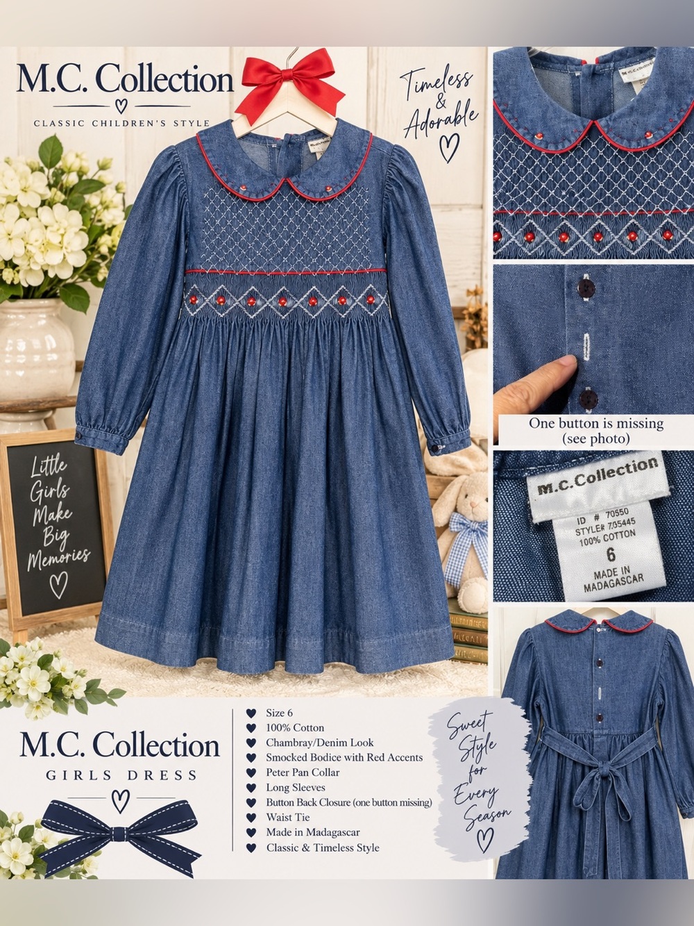 M.C. Collection Girls Size 6 Smocked Chambray Denim Dress Red Trim